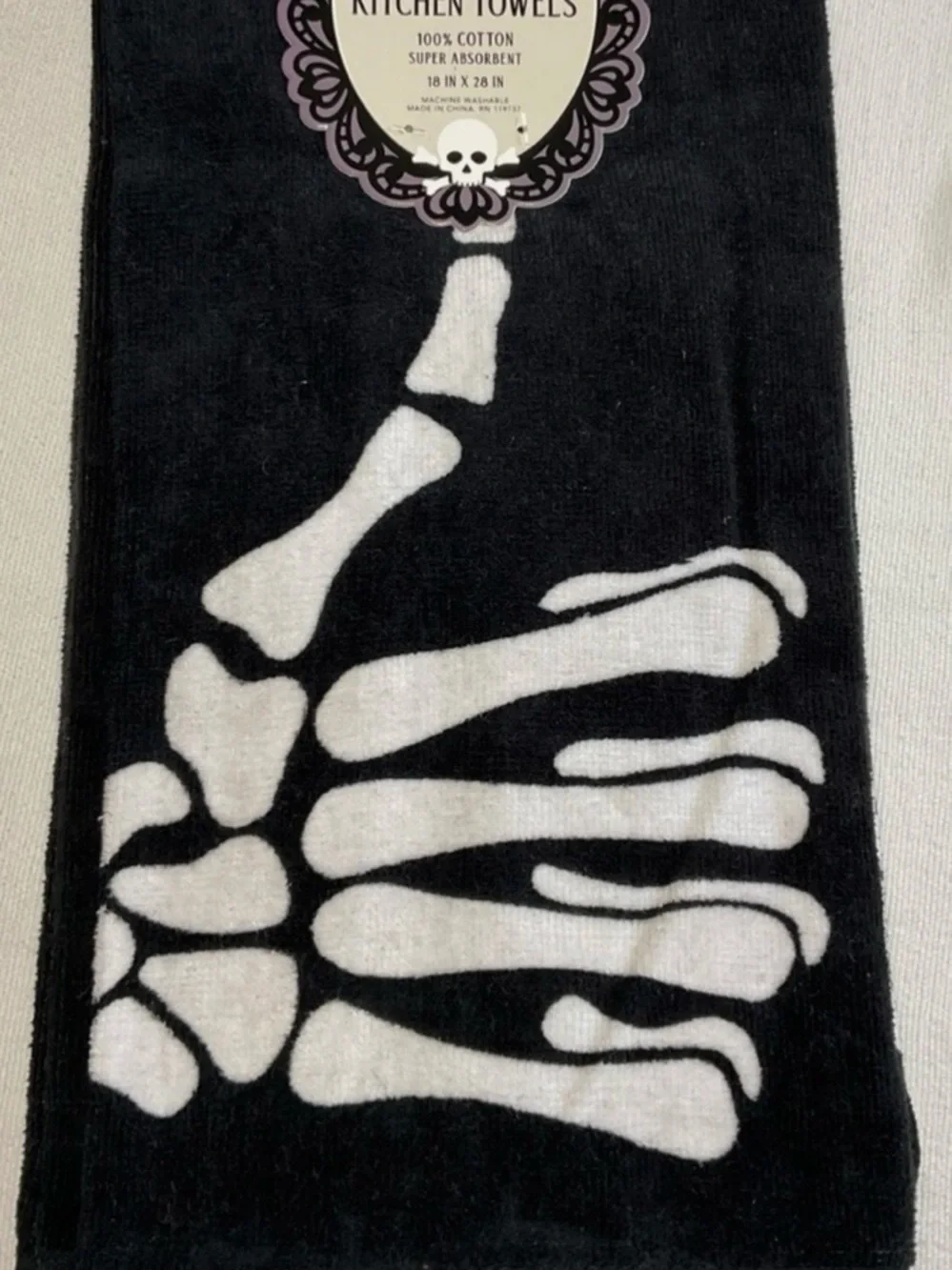 NWT Madame Bones Kitchen Towels (3) SKELETON HANDS 18 X 28 100% COTTON